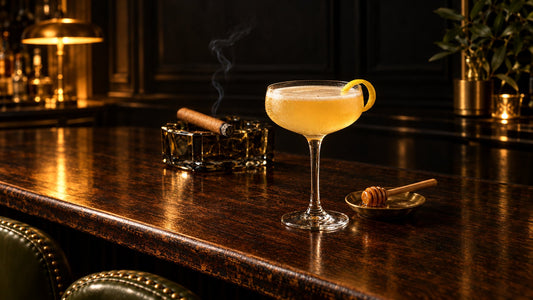 Coupe of pale golden whiskey sour with a lemon twist and a honey dipper, beside an unbanded Connecticut cigar
