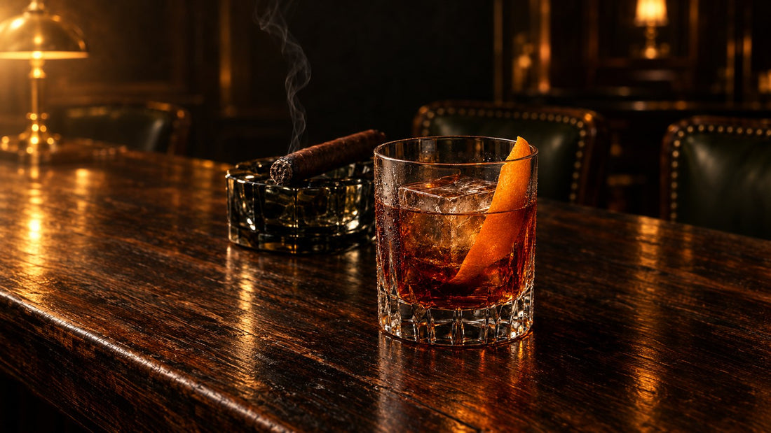 Stirred amber bourbon cocktail on a large ice cube with an orange peel, beside an unbanded maduro cigar