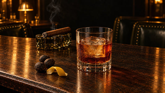 Stirred copper-colored rye cocktail on a large ice cube with walnuts and a lemon peel, beside an unbanded Habano cigar