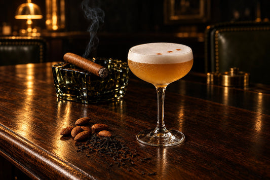 Coupe of pale amber tea sour with a white foam cap, with almonds and tea leaves, beside an unbanded Habano cigar