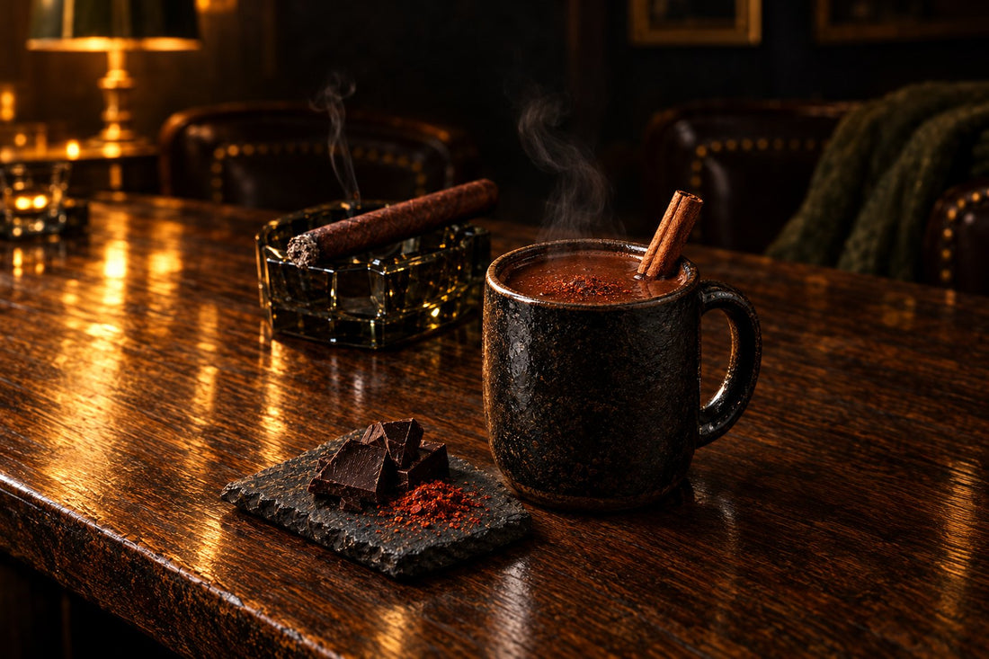 Dark stoneware mug of thick hot chocolate with a cinnamon stick, beside an unbanded San Andrés cigar