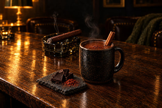 Dark stoneware mug of thick hot chocolate with a cinnamon stick, beside an unbanded San Andrés cigar