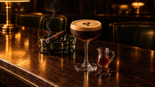 Chilled coupe of shaken iced espresso with thick crema and coffee beans, beside an unbanded cigar