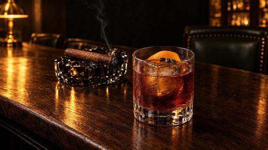 Stirred dark rum cocktail on a large ice cube topped with orange and coffee beans, beside an unbanded cigar
