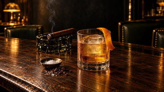 Golden añejo tequila old fashioned on a large ice cube with an orange peel, beside an unbanded San Andrés cigar