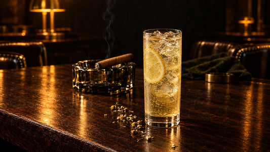 Tall highball of pale golden chamomile and ginger ale with a lemon wheel and chamomile flowers, beside an unbanded Connecticut cigar